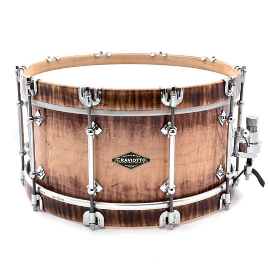Craviotto Heirloom Figured Curly Maple Snare Drum 14x6.5 Burnt Burst w/Maple Hoops - Drum Center Of Portsmouth