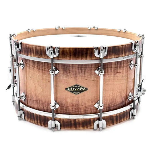 Craviotto Heirloom Figured Curly Maple Snare Drum 14x6.5 Burnt Burst w/Maple Hoops - Drum Center Of Portsmouth