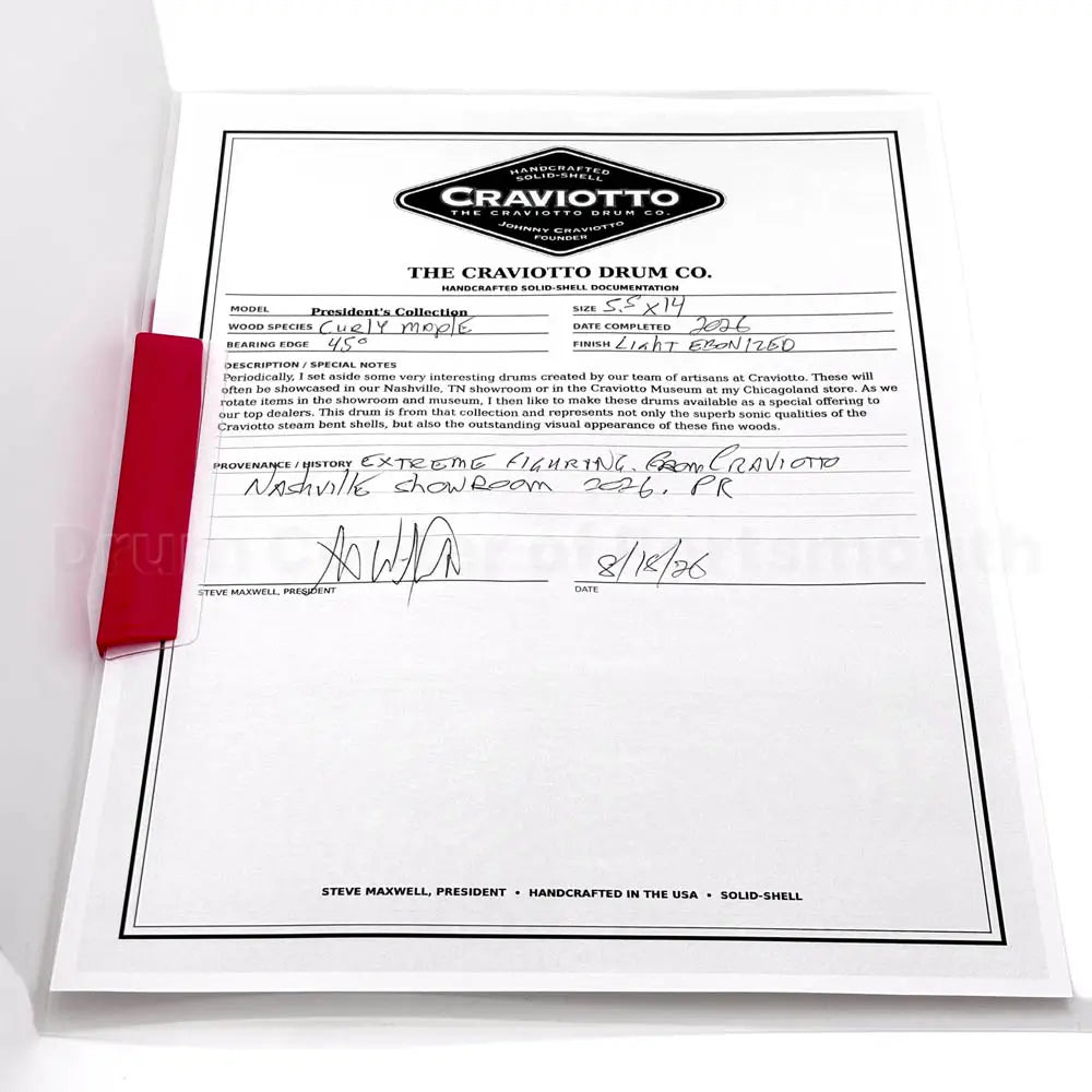Craviotto President's Collection Curly Maple Snare Drum 14x5.5 Light Ebonized - Drum Center Of Portsmouth