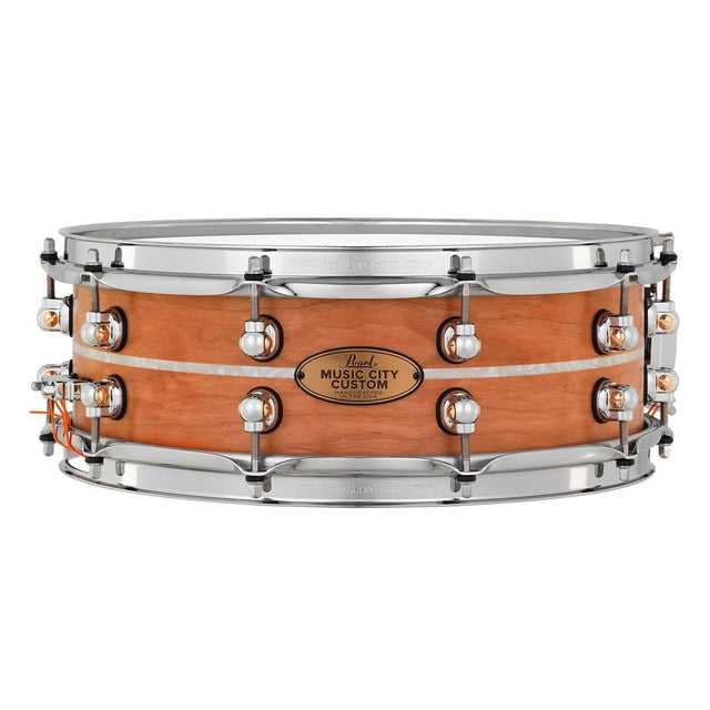 Used Pearl Music City Custom Solid Cherry 14x5 Snare Drum Natural w/Marine Pearl Inlay - Drum Center Of Portsmouth
