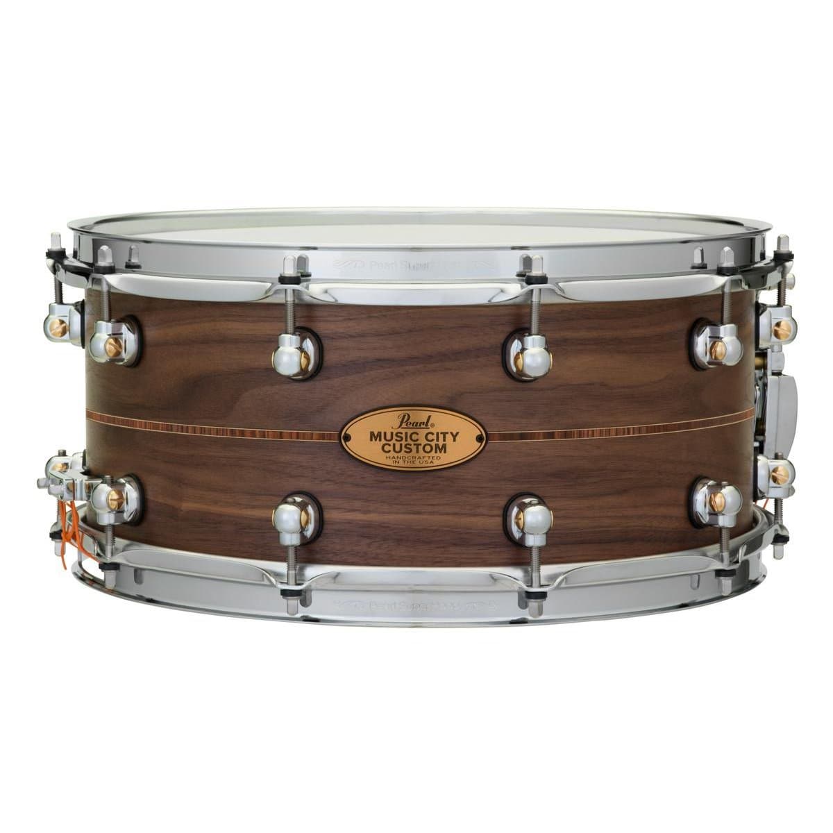 Used Pearl Music City Custom Solid Walnut 14x6.5 Snare Drum Natural w/Kingwood Inlay - Drum Center Of Portsmouth