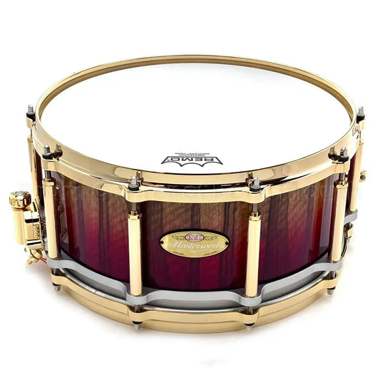 Pearl Masterworks Free Floating Snare Drum 14x6.5 Black Limba Red Fade w/Gold Hardware - Drum Center Of Portsmouth