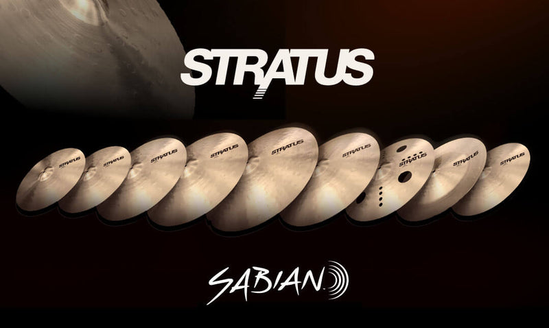 Sabian Stratus cymbals displayed on stands in a bright studio setting, featuring a shiny, lathed finish with the Sabian logo visible on the cymbal surfaces.