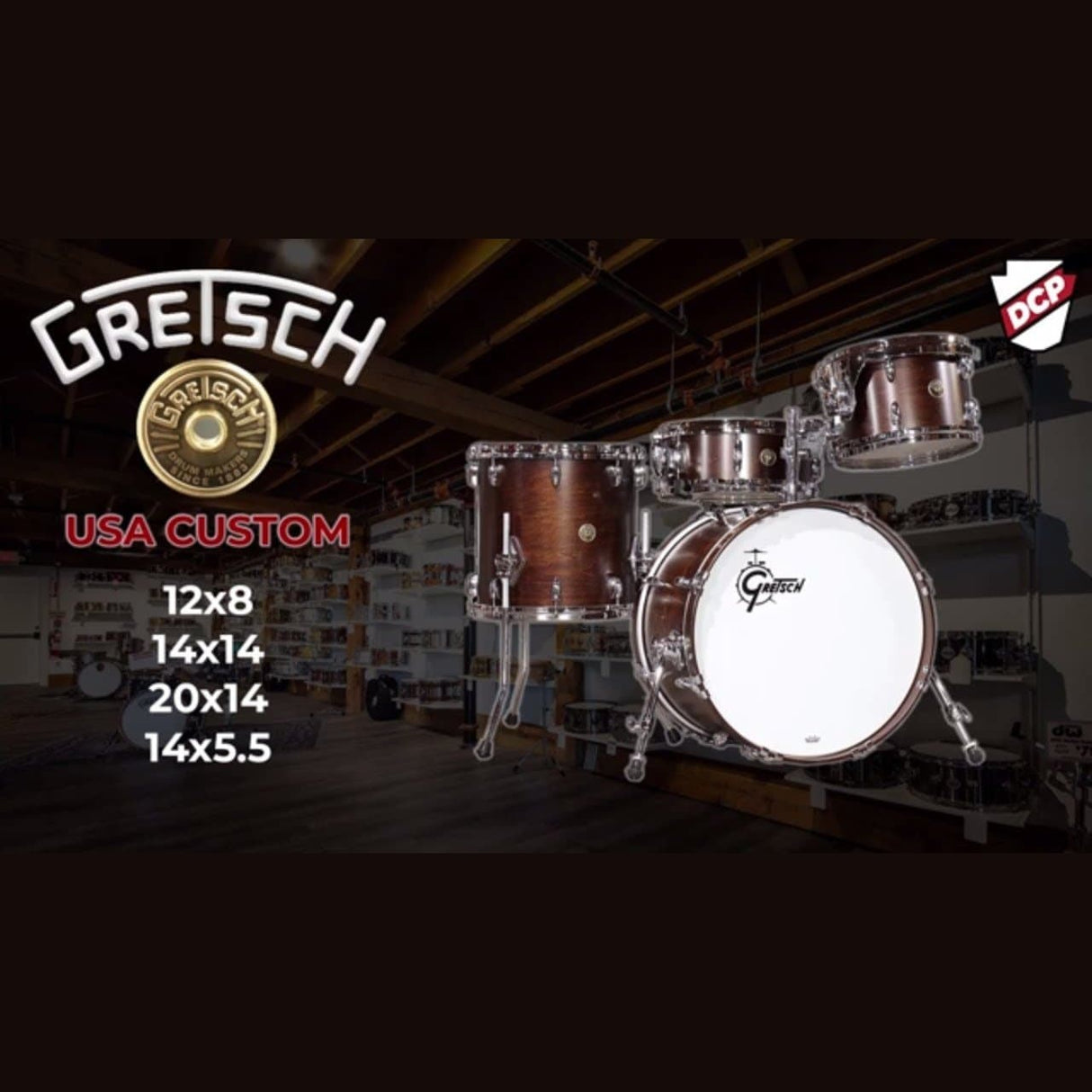 Gretsch USA Custom 4pc Drum Set 20/12/14/14 Satin Antique Maple w/Mount