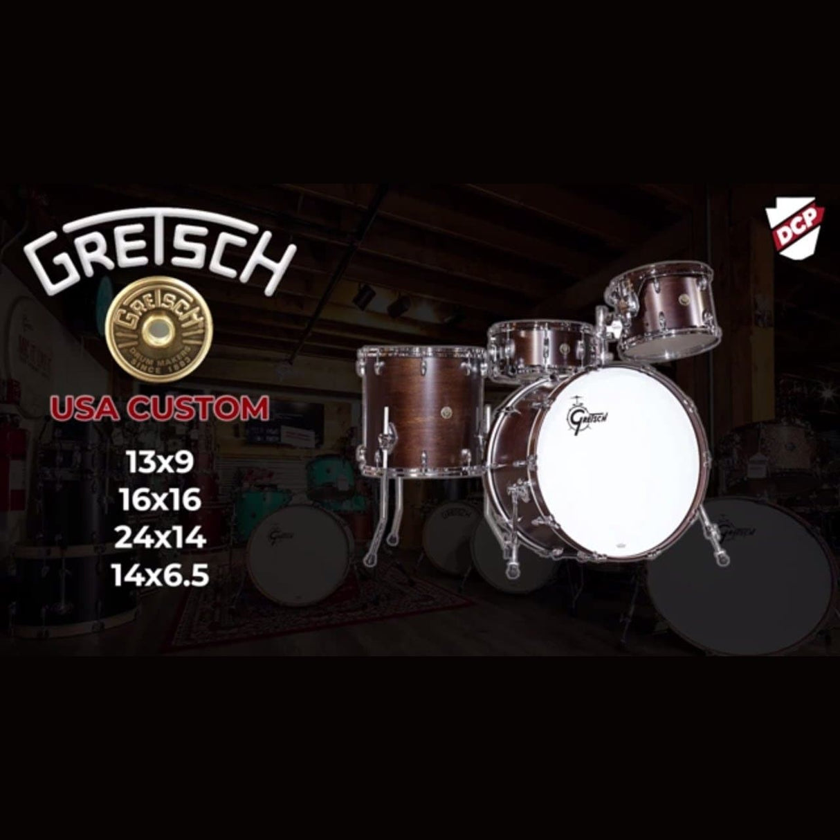 Gretsch USA Custom 4pc Drum Set 24/13/16/14 Satin Antique Maple w/Mount