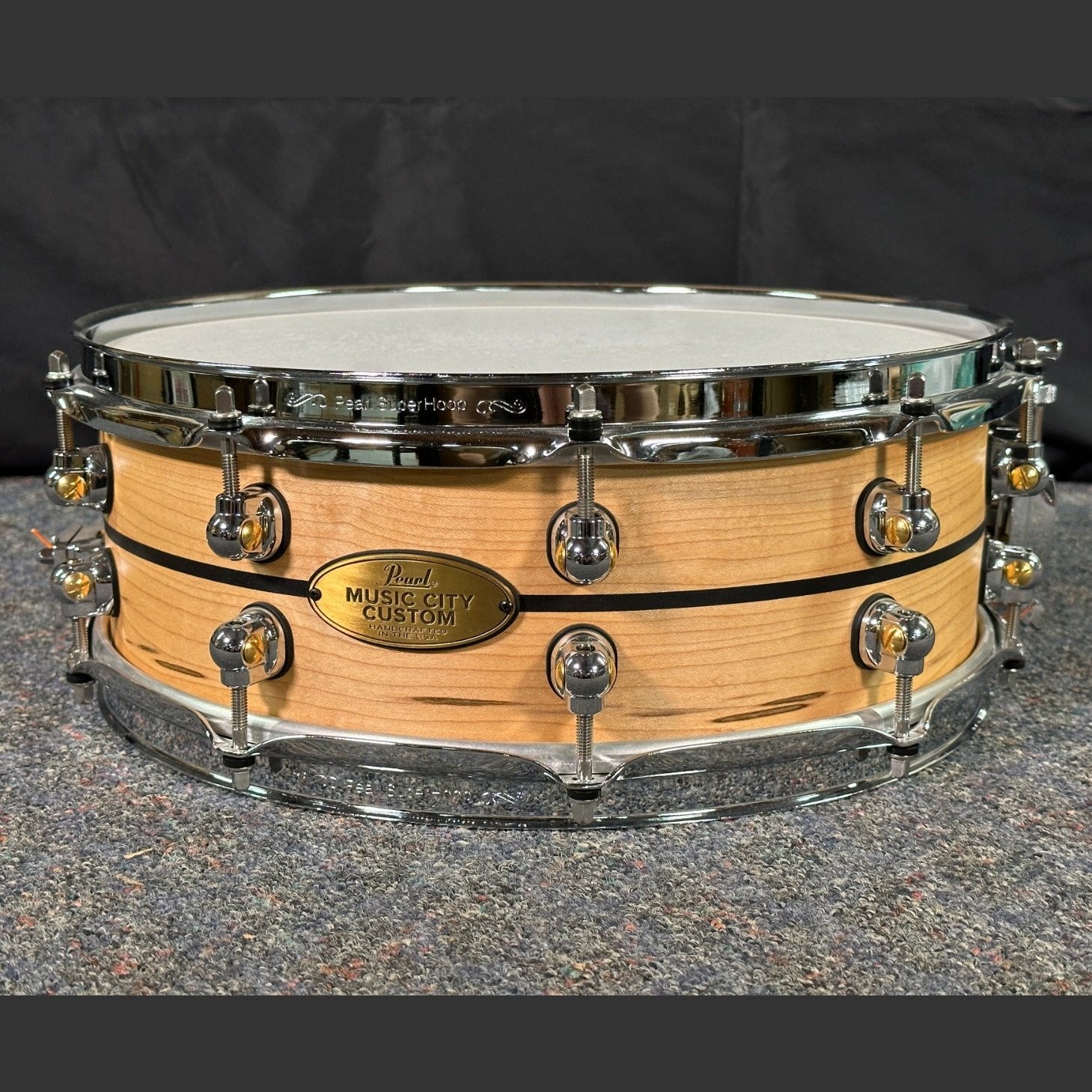 Used Pearl Music City Custom Solid Maple Snare Drum 14x5 Natural w/Ebony Inlay