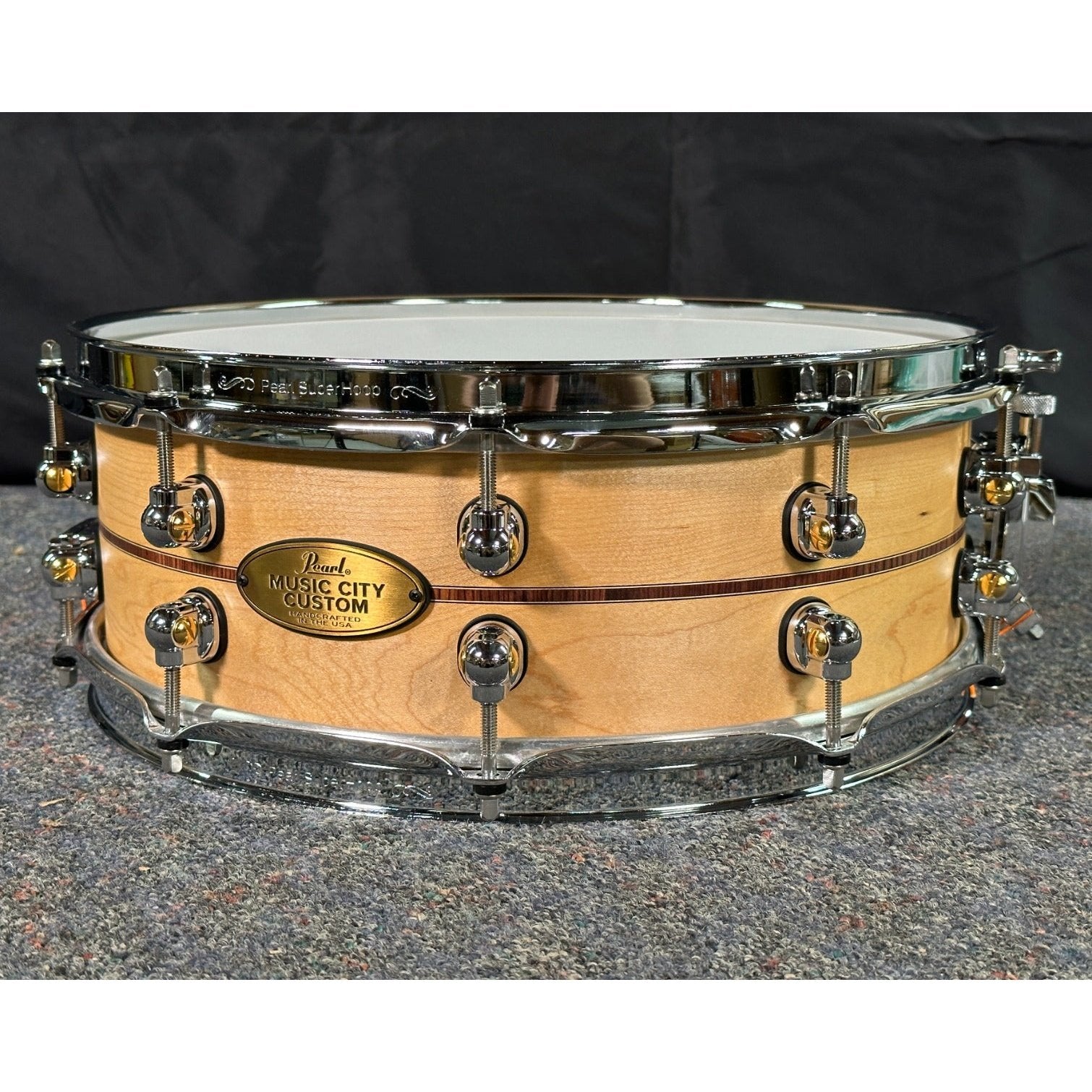 Used Pearl Music City Custom Solid Maple Snare Drum 14x5 Natural w/Kingwood Inlay
