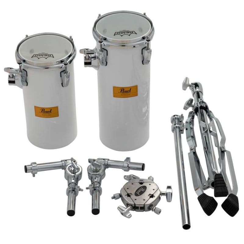 Pearl Rocket Toms w/Stand 6x12 & 6x15 Arctic White w/Rectangle Badges
