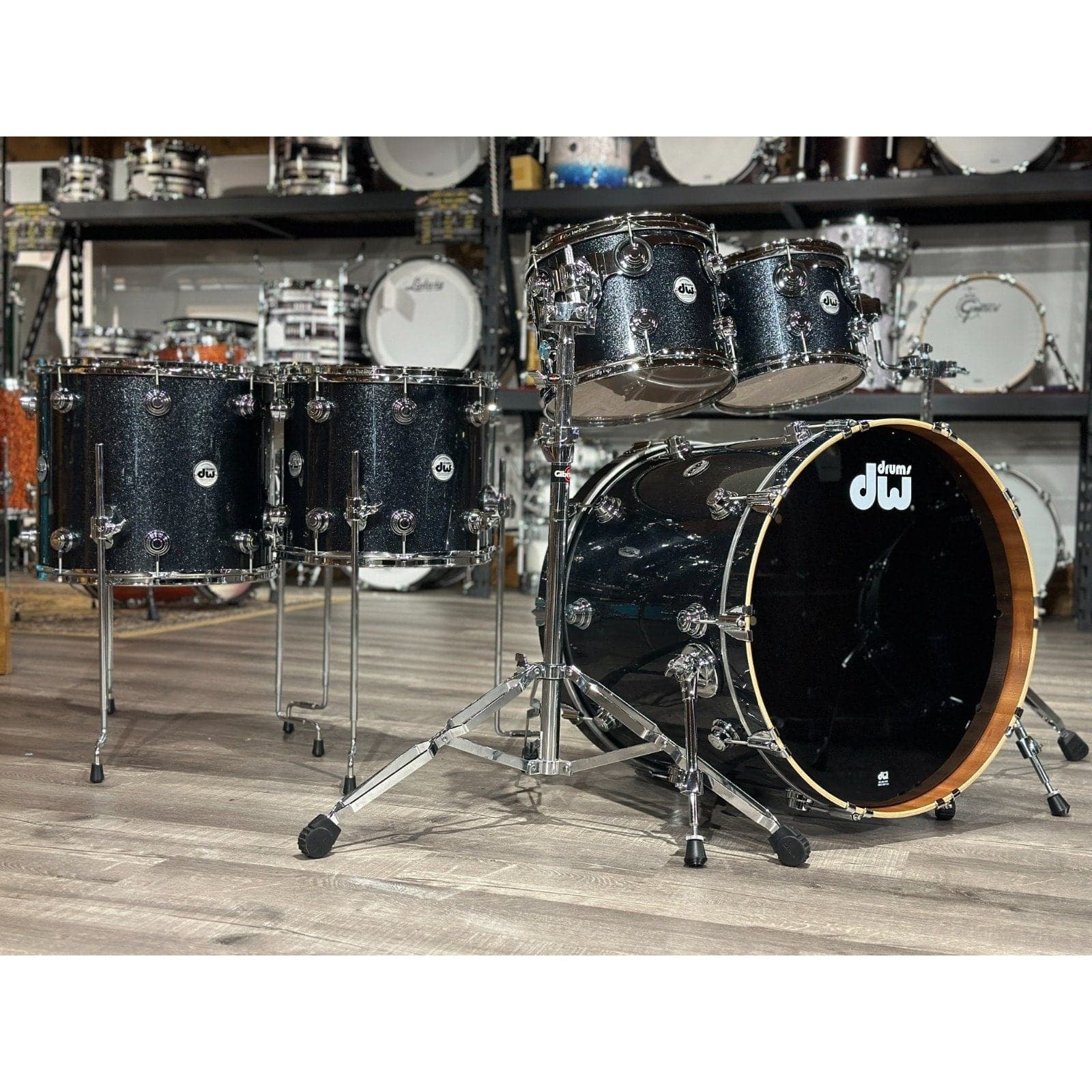 DW Collectors Maple/Mahogany 5pc Drum Set Gun Metal Sparkle Glass