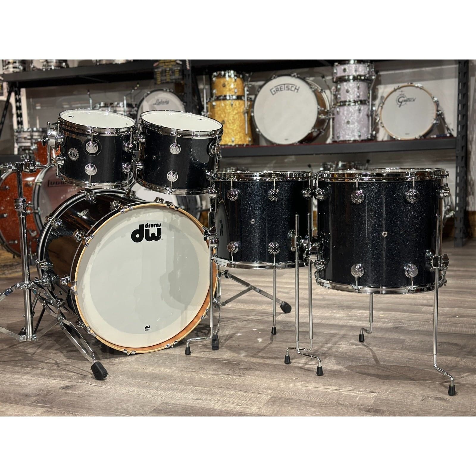 DW Collectors Maple/Mahogany 5pc Drum Set Gun Metal Sparkle Glass