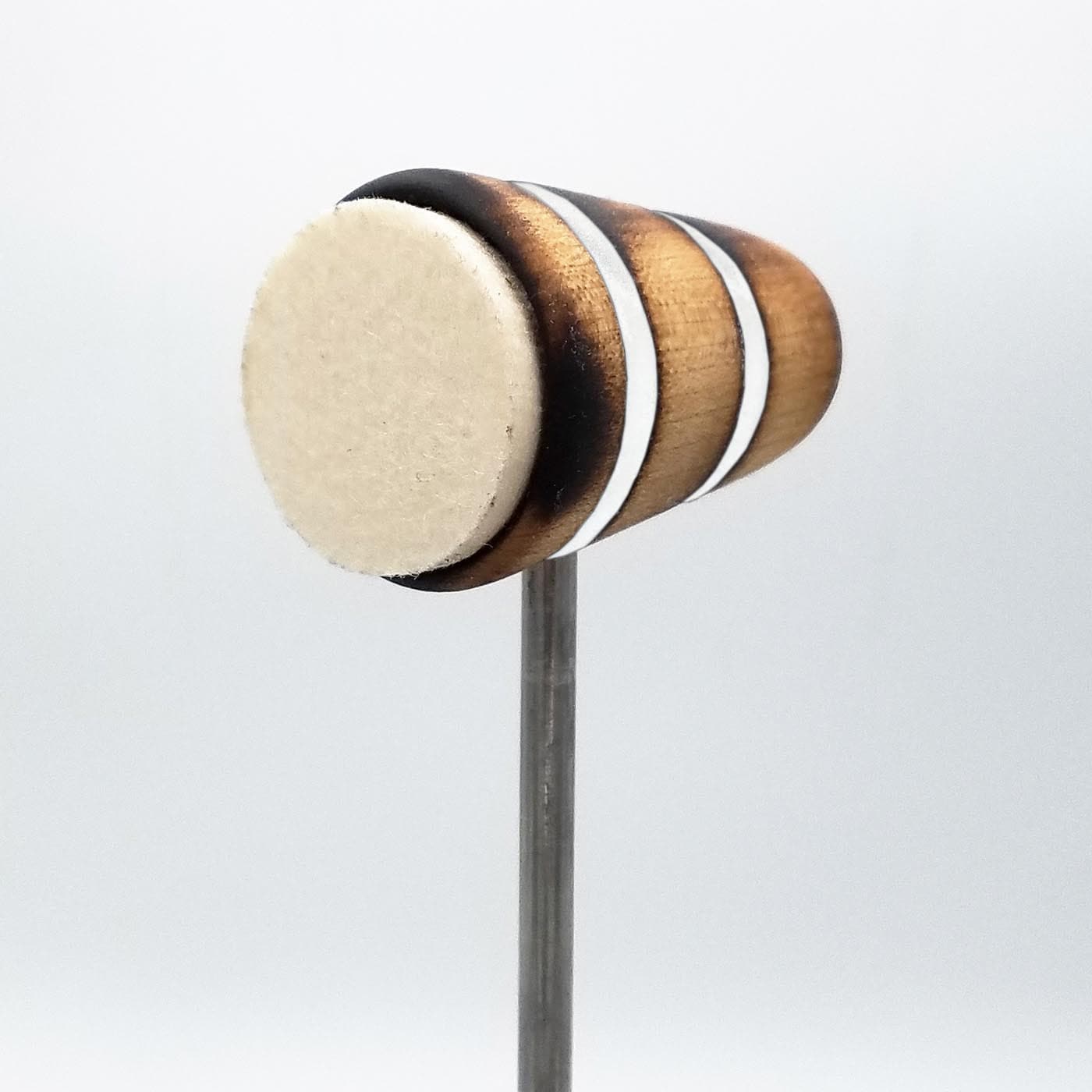 Low Boy Bass Drum Beaters - Felt Daddy, Scorched with White Stripes