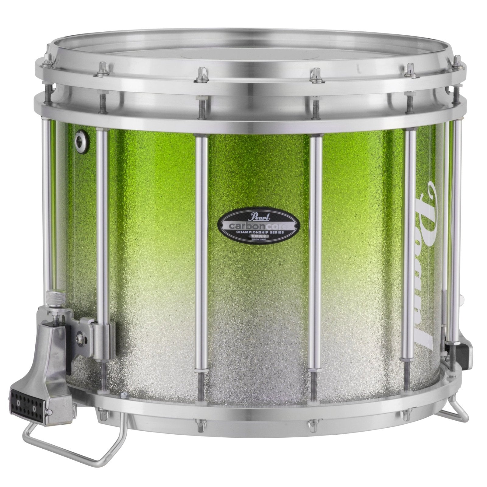 Pearl Marching Percussion: 13X11 Maple Carboncore Ffx Marching Snare Drum, W/R Ring #971 - Green Silver Fade (Top)