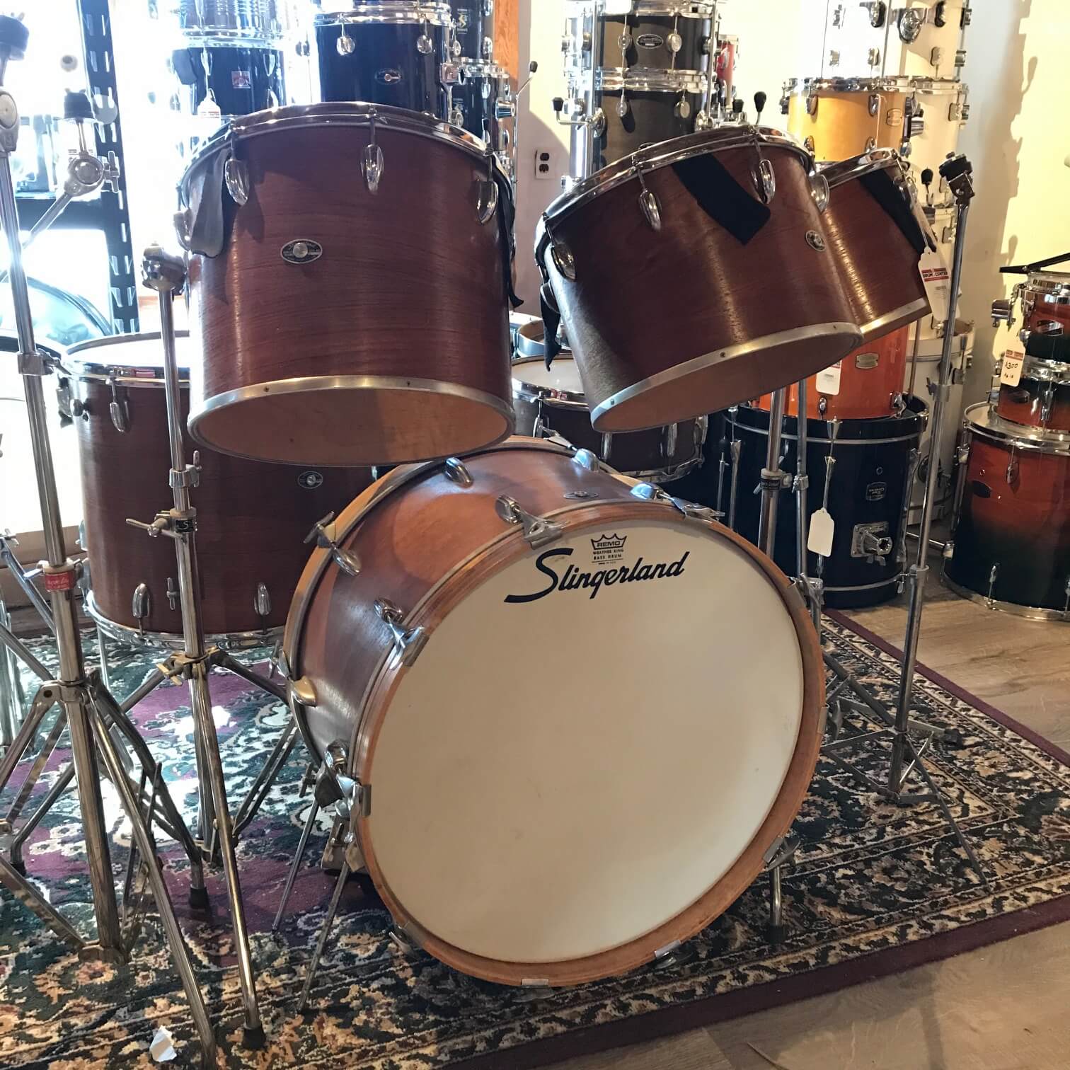 Used Vintage Slingerland 6pc Single-Headed Drum Set w/ Tom Stands - Natural Swirl