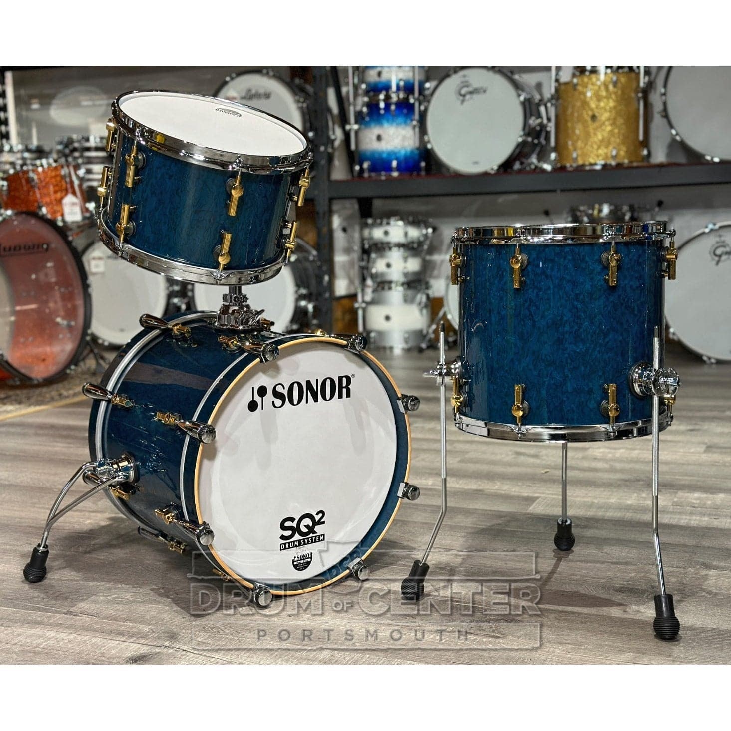 Sonor SQ2 Maple 3pc Drum Set Birdseye Azure Gloss w/Chrome & Gold Hard ...