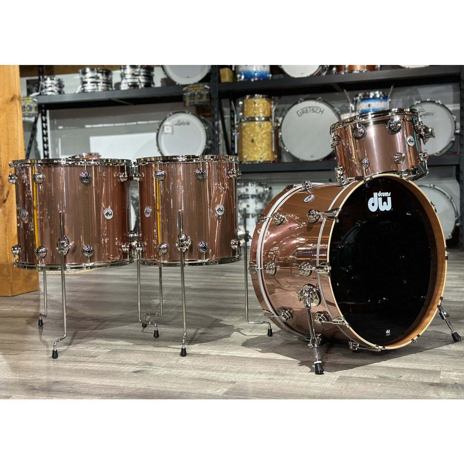 DW Collectors Mahogany/Spruce 4pc Drum Set Rose Copper w/Nickel Hw