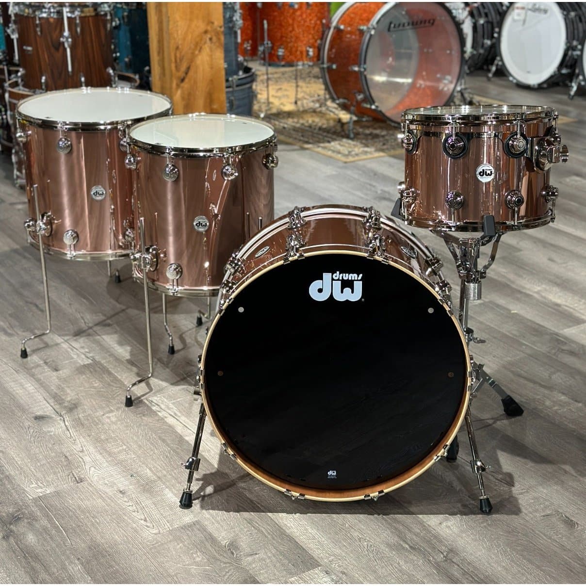 DW Collectors Mahogany/Spruce 4pc Drum Set Rose Copper w/Nickel Hw