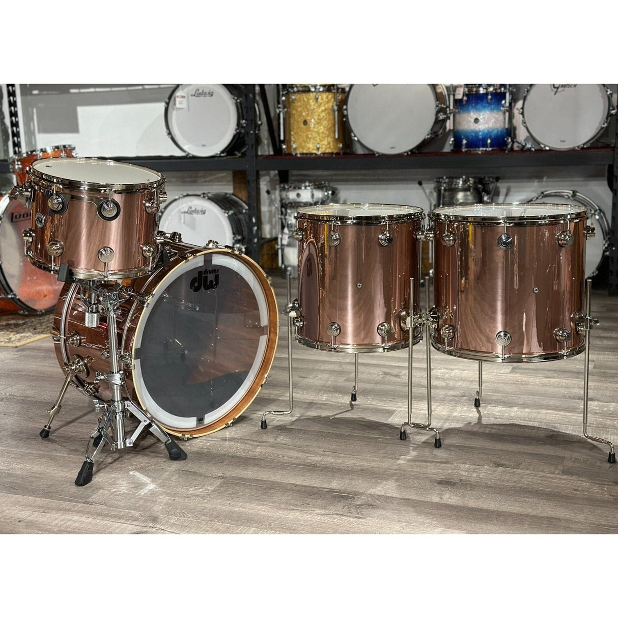 DW Collectors Mahogany/Spruce 4pc Drum Set Rose Copper w/Nickel Hw