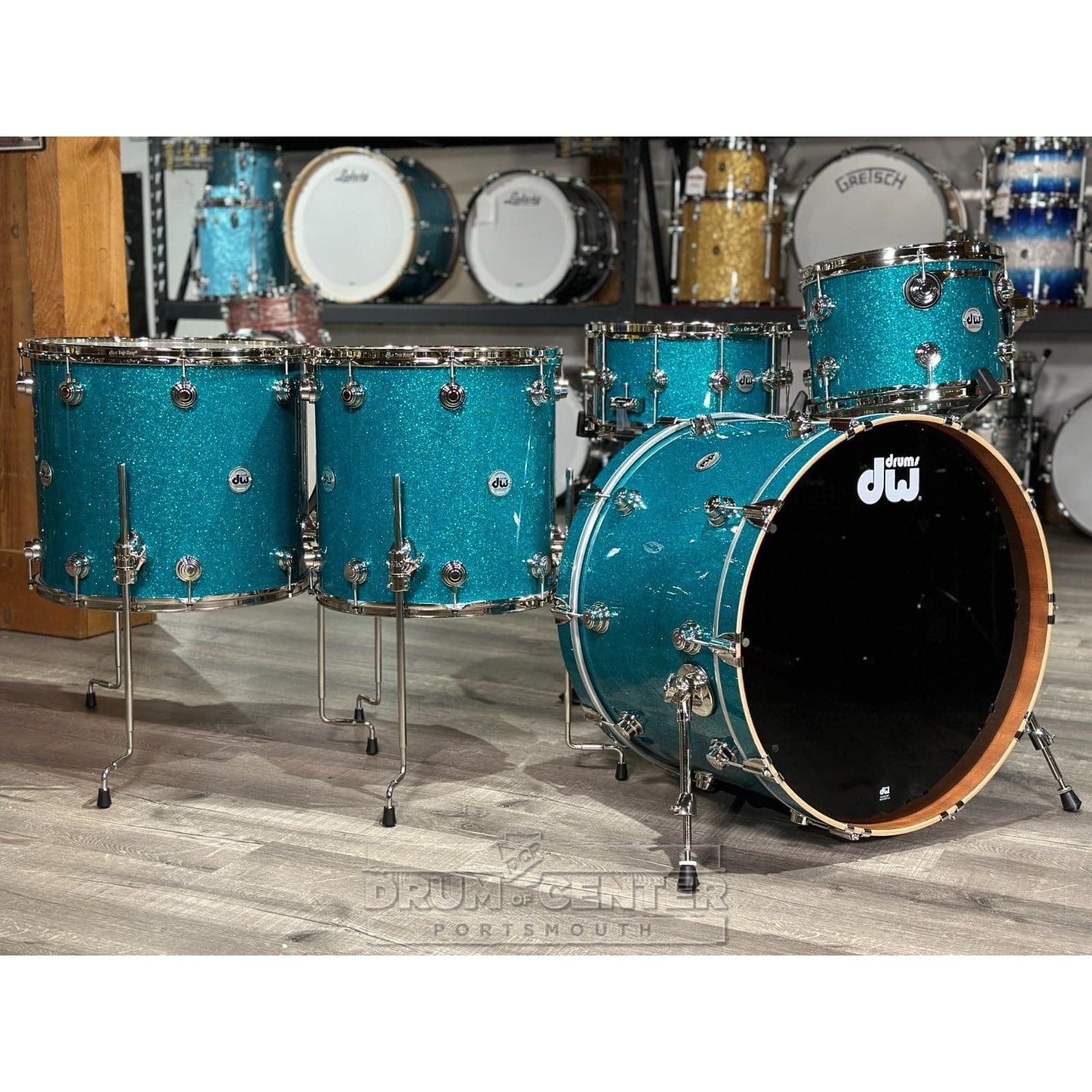 DW Collectors Birch/Mahogany 5pc Drum Set Teal Glass w/Nickel Hw