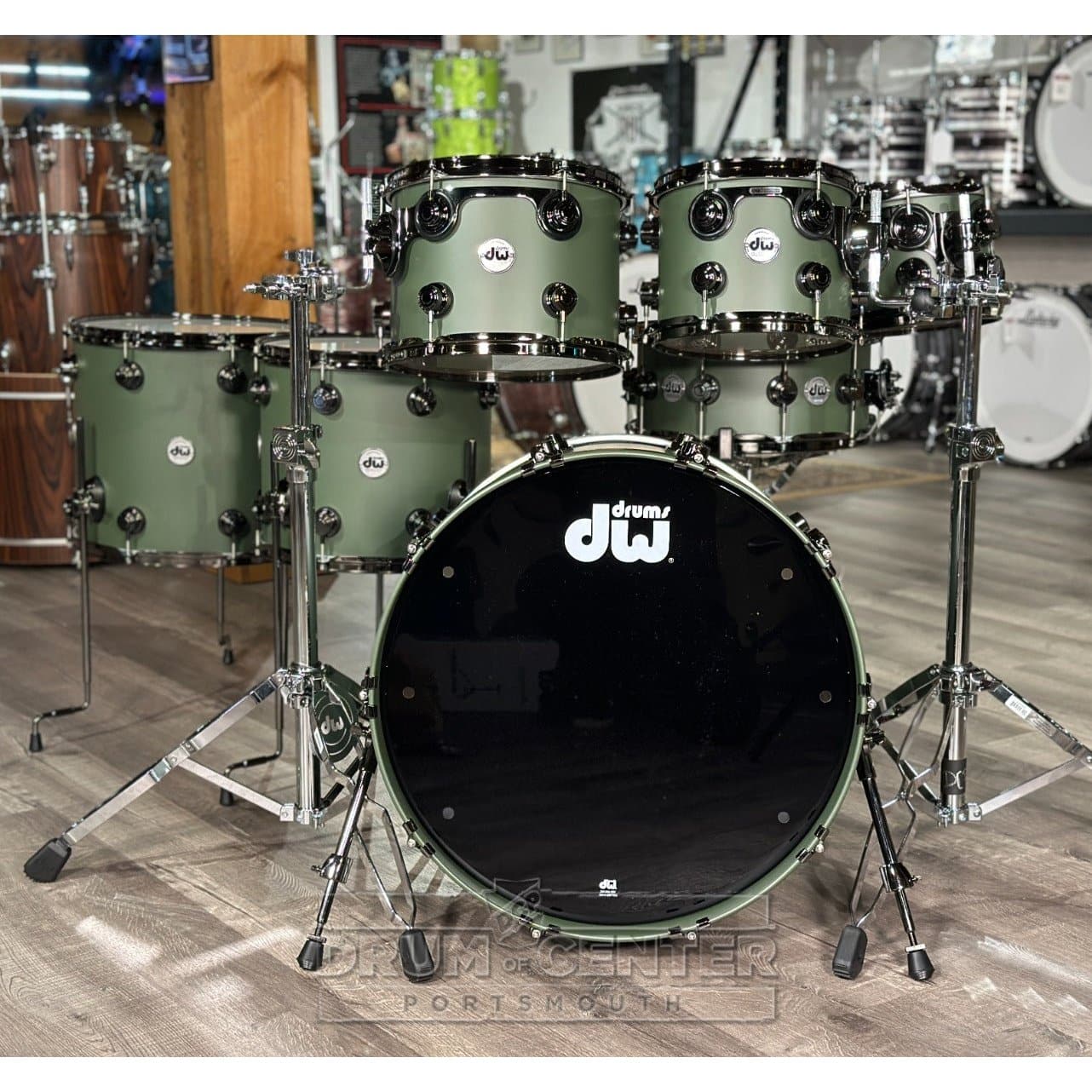 DW Collectors Cherry/Mahogany 7pc Drum Set Hard Satin Solid Army Green w/Black Nickel Hw