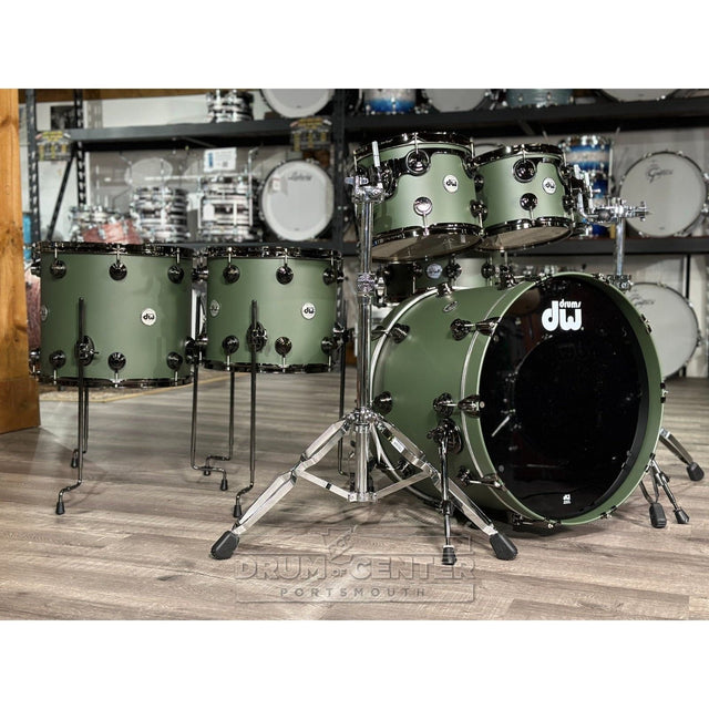 DW Collectors Cherry/Mahogany 7pc Drum Set Hard Satin Solid Army Green w/Black Nickel Hw