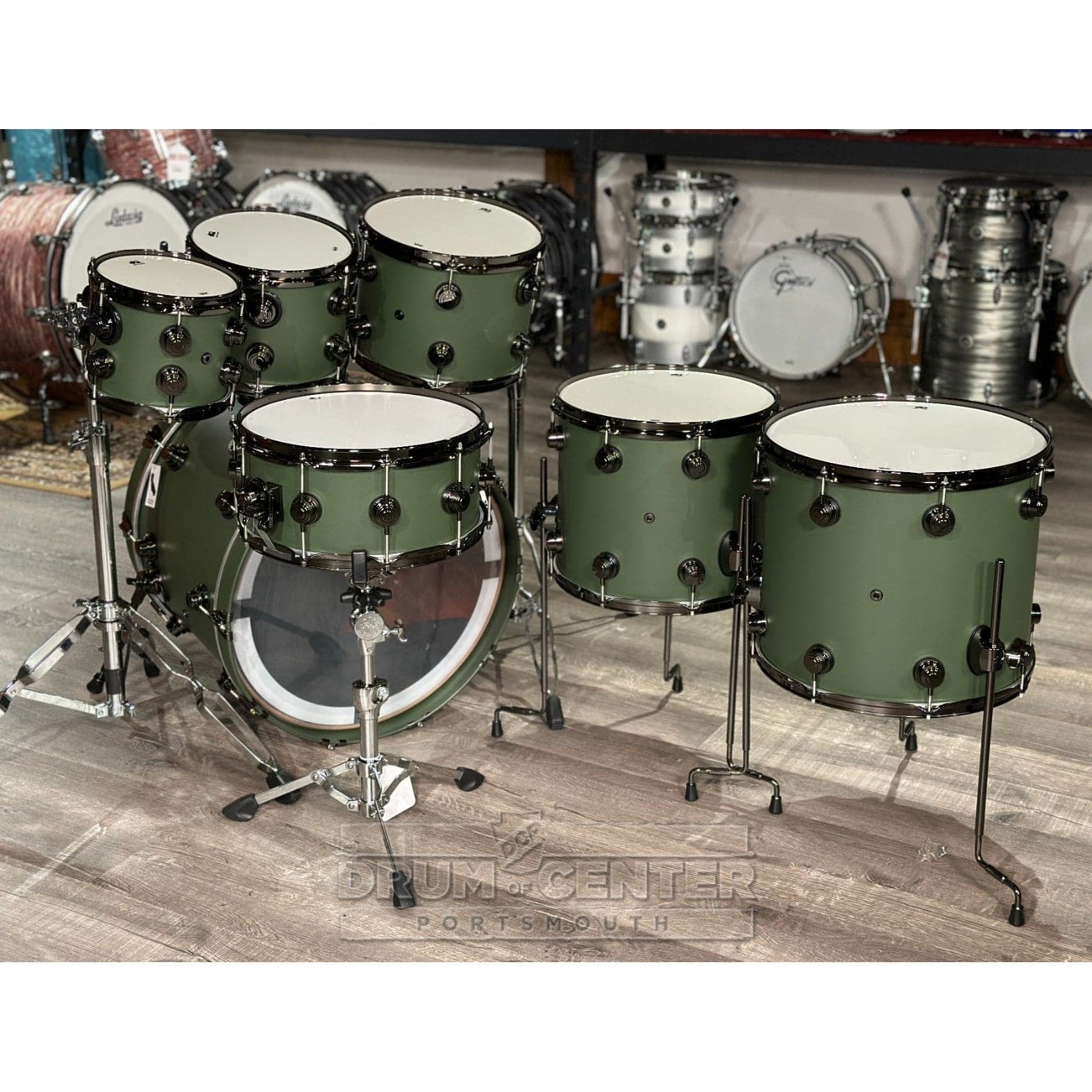 DW Collectors Cherry/Mahogany 7pc Drum Set Hard Satin Solid Army Green w/Black Nickel Hw