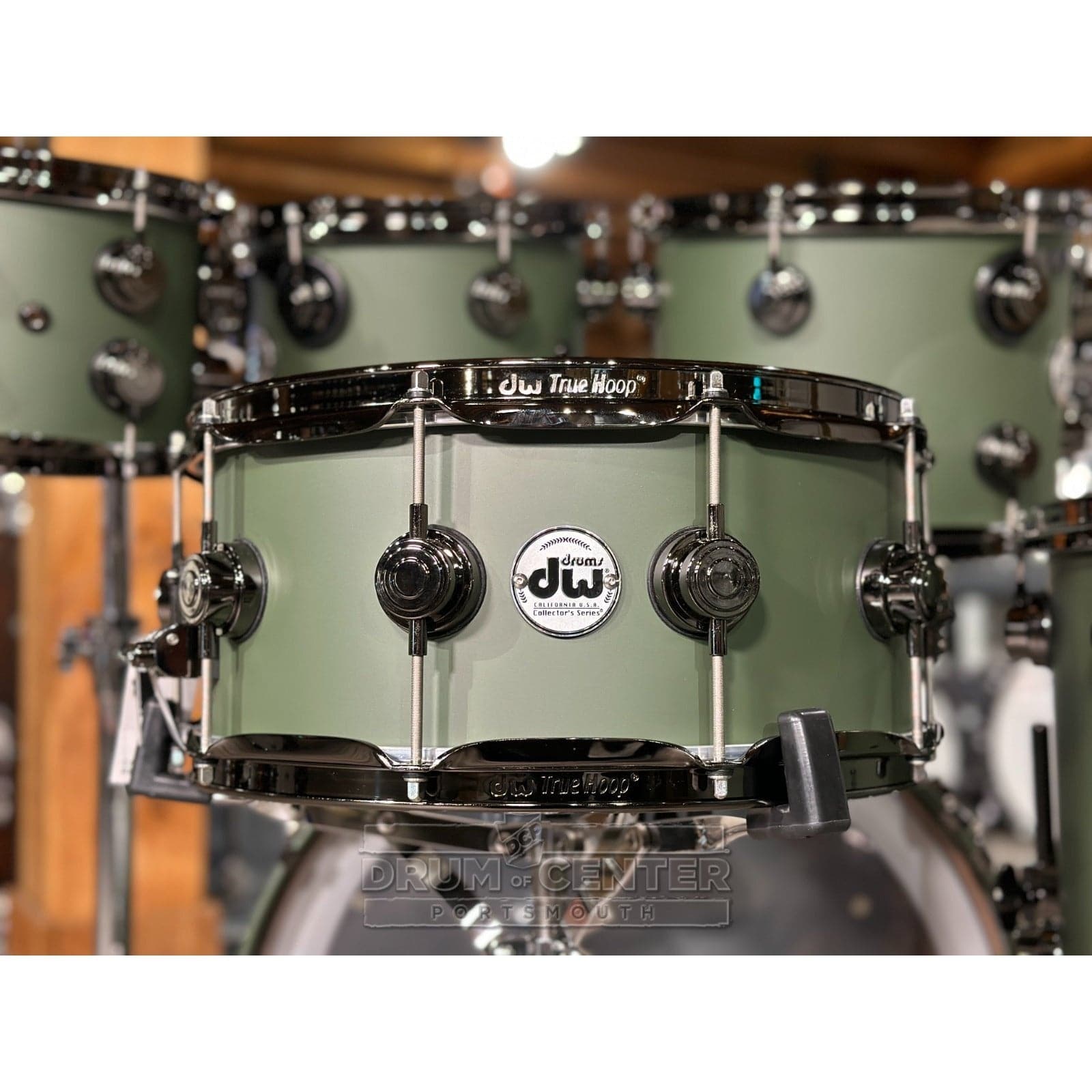 DW Collectors Cherry/Mahogany 7pc Drum Set Hard Satin Solid Army Green w/Black Nickel Hw