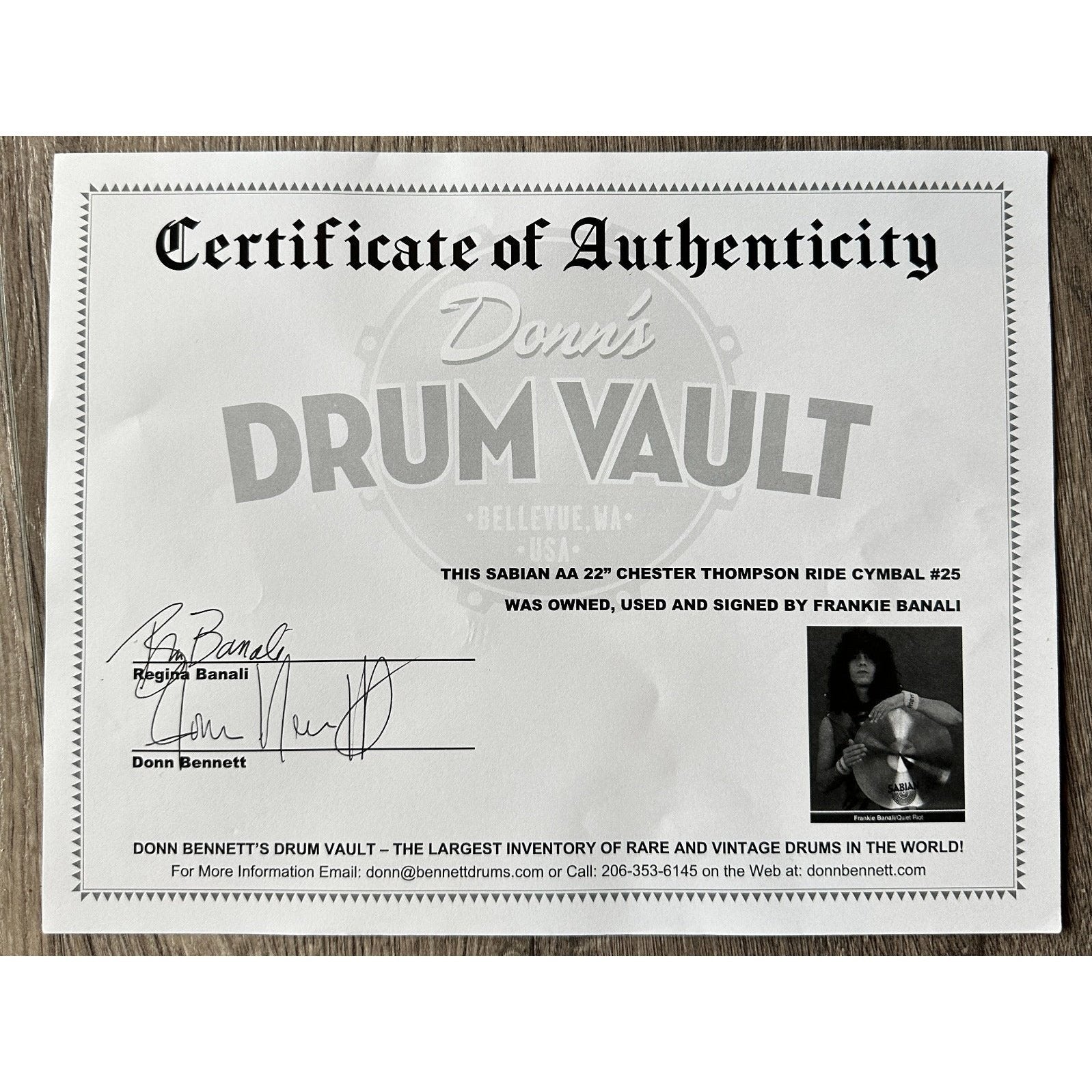 Used Sabian Chester Thompson Signature Ride Cymbal 22" Signed by Franki Benali w/COA