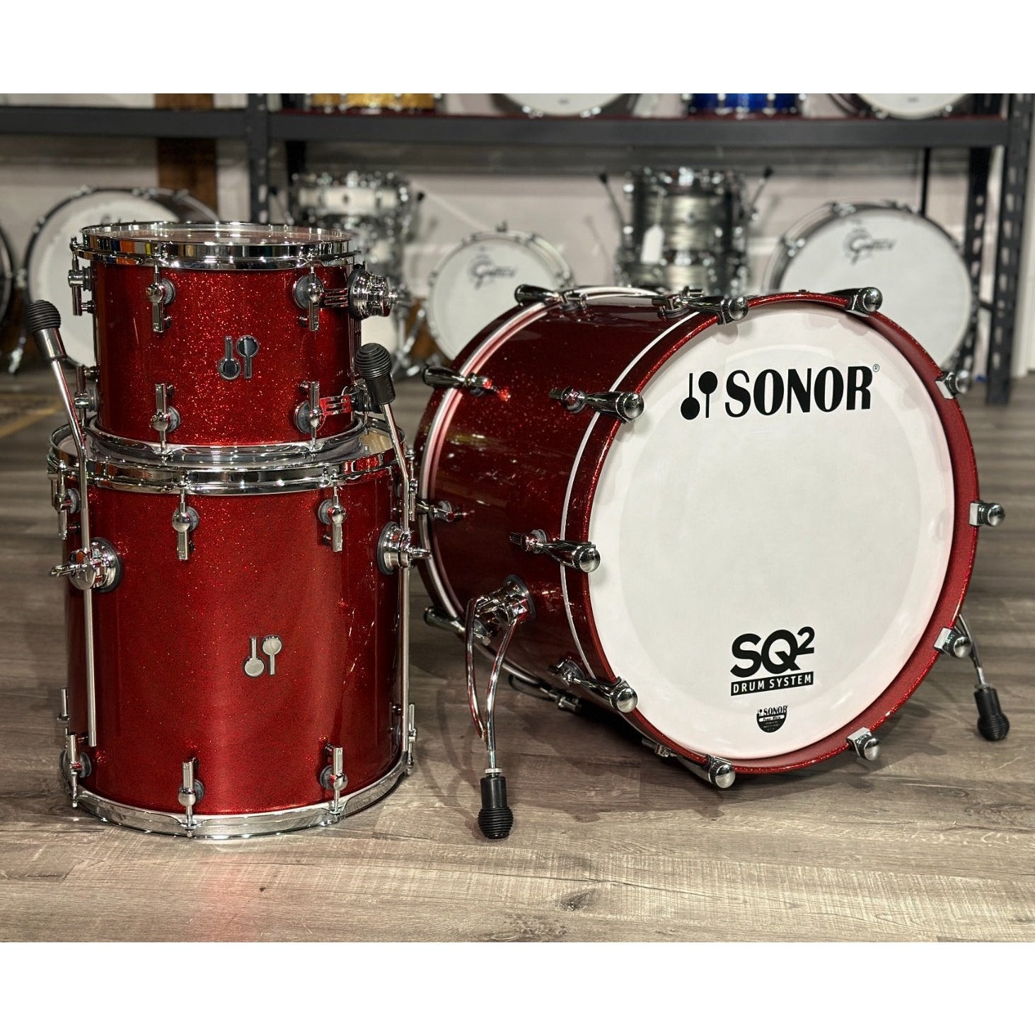 Used Sonor SQ2 Medium Maple 3pc Drum Set Red Sparkle High Gloss