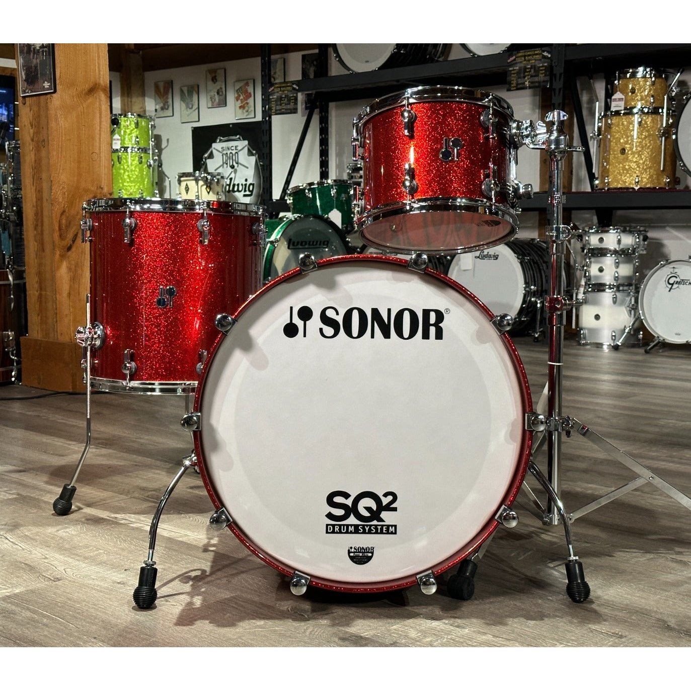 Used Sonor SQ2 Medium Maple 3pc Drum Set Red Sparkle High Gloss