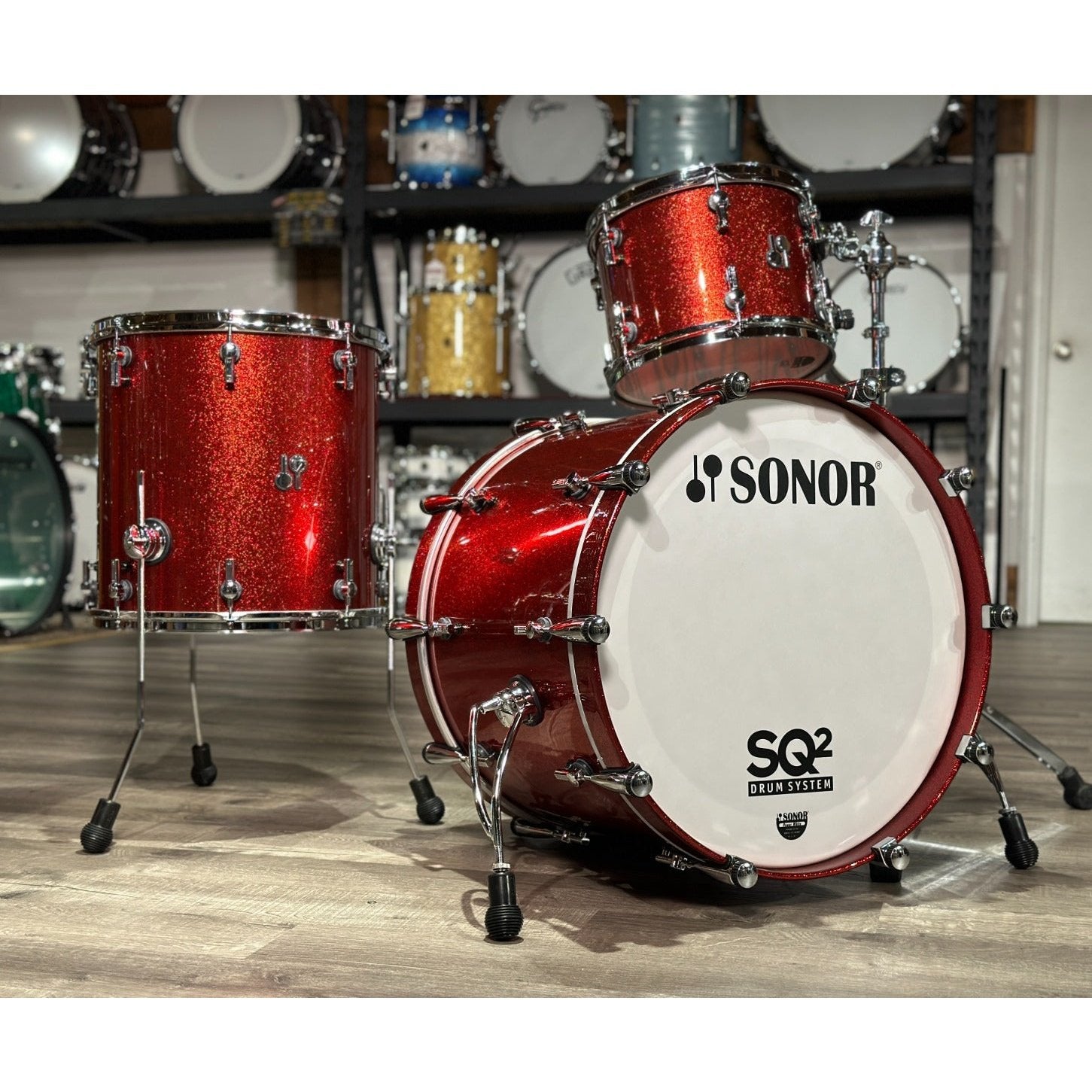 Used Sonor SQ2 Medium Maple 3pc Drum Set Red Sparkle High Gloss