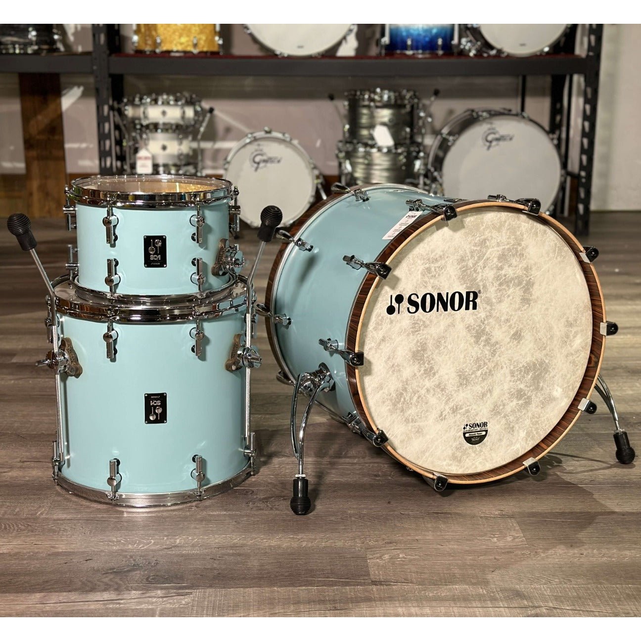 Used Sonor SQ1 3pc Drum Set Cruiser Blue w/Walnut Bass Drum Hoops