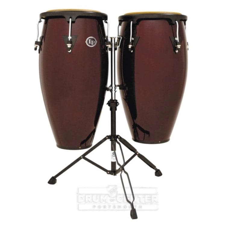LP Aspire Wood Congas Set w/Double Stand Dark Wood Finish Drum Center