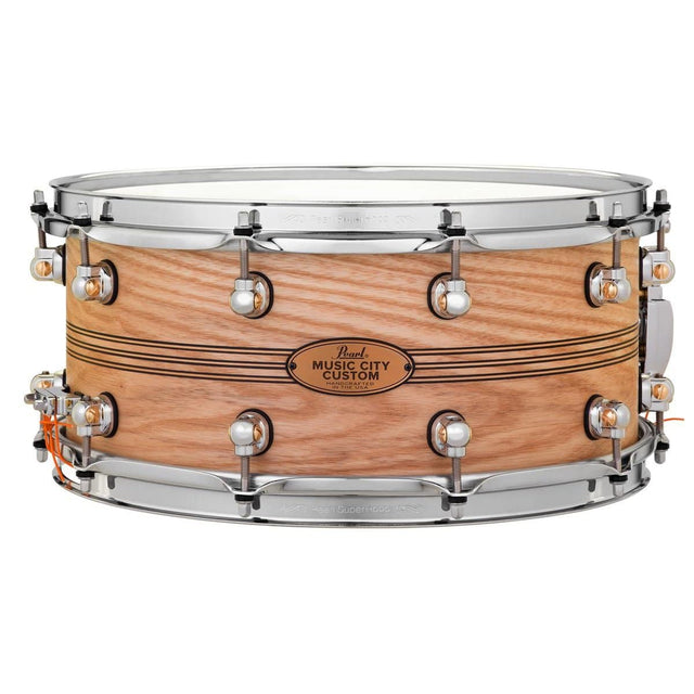 Pearl Music City Custom Solid Ash 14x6.5 Snare Drum - Natural With Boxwood-Rose Triband Inlay