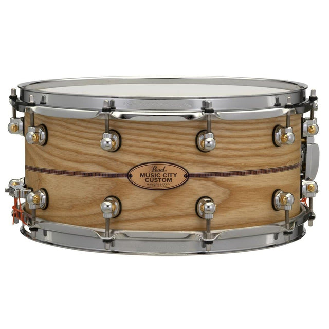 Pearl Music City Custom Solid Ash 14x6.5 Snare Drum - Natural With Kingwood Inlay