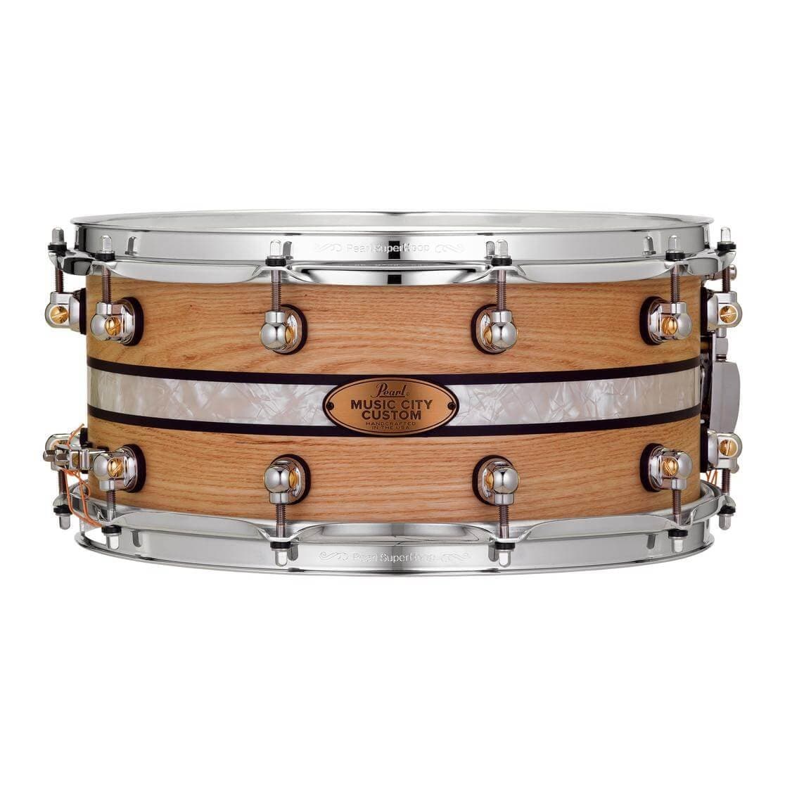 Pearl Music City Custom Solid Ash 14x6.5 Snare Drum - Natural With Duoband Ebony Marine Inlay