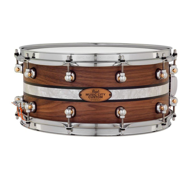 Pearl Music City Custom Solid Walnut 14x6.5 Snare Drum - Natural With Duoband Ebony Marine Inlay