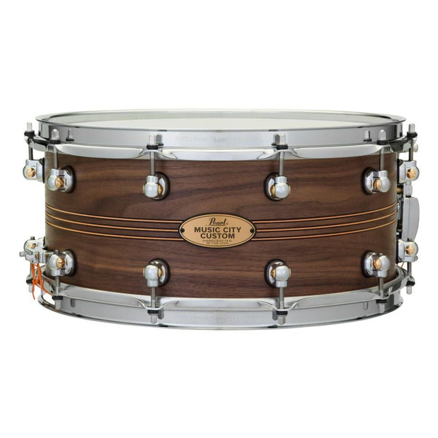Pearl Music City Custom Solid Walnut 14x6.5 Snare Drum - Natural With Boxwood-Rose Triband Inlay