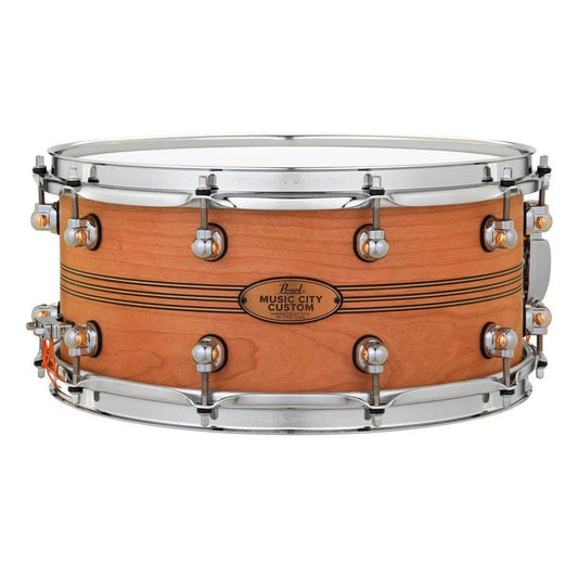 Pearl Music City Custom Solid Cherry 14x6.5 Snare Drum - Natural With Boxwood-Rose Triband Inlay