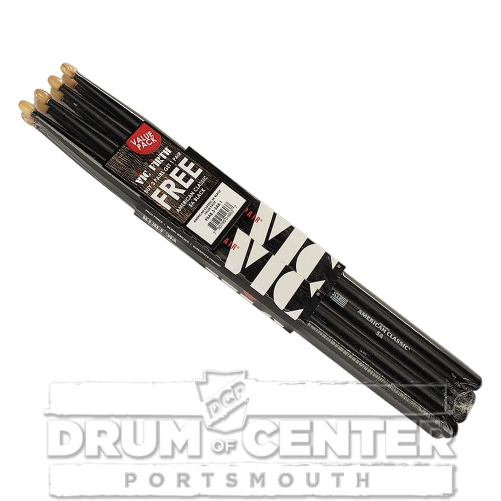 Vic Firth Black Drum Stick 5A Natural Wood Tip 4-Pack