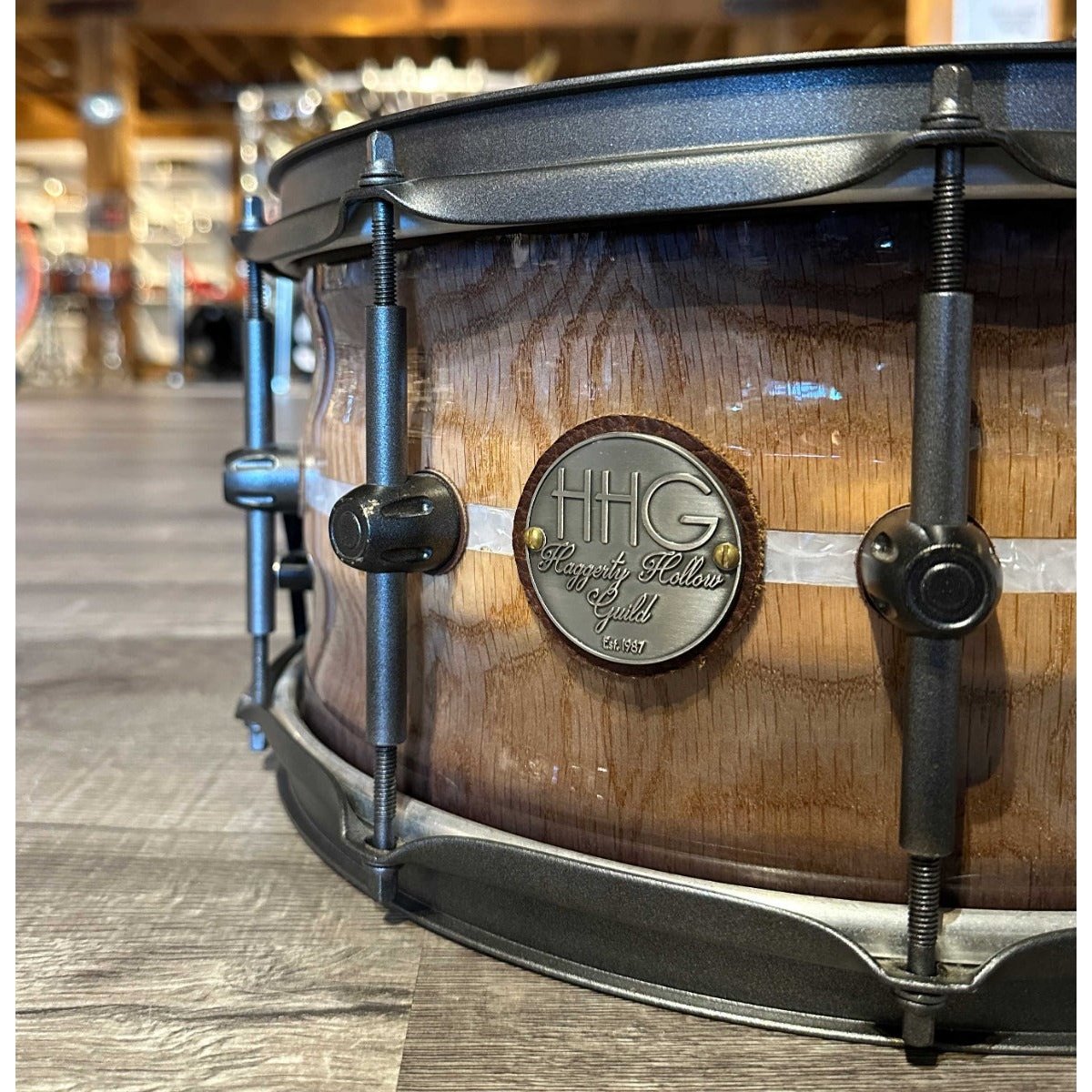 Used HHG Drums Contoured Red Oak Stave Snare Drum 14x7 Smoky Gloss w/Gunmetal Hardware